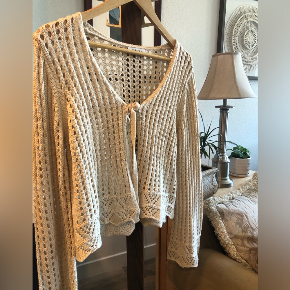 Sale! HOOKED UP Cream/Tan Crochet Cropped Tie Front Sweater